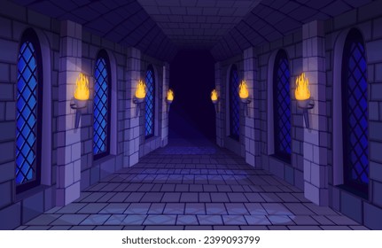 Castle corridor. Medieval castles game dungeon, stone bricks wall burning fire torch inside prison cave old temple scary church maze ancient mansion vector illustration of cartoon castle game interior