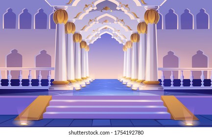 Castle corridor with staircase, columns and arches. Palace entrance with pillars and illumination. Medieval building architecture design, empty ball room, hall interior. Cartoon vector illustration