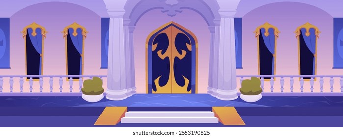 Pasillo del castillo con escalera, puerta y ventanas, columnas y arcos. Entrada del palacio de dibujos animados con pilares y plantas en macetas. Interior medieval, diseño de arquitectura de edificios. Ilustración plana de Vector