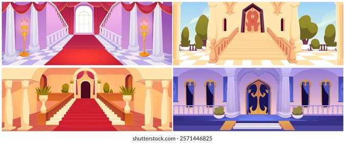 Castle corridor with staircase, palace entrance hall with pillars and potted plants vector illustrations set. Cartoon red carpet, arch door, curtains, columns. Medieval interior, vintage architecture