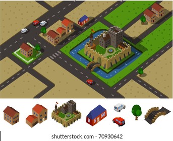 Castle countryside. Set of very detailed isometric vector