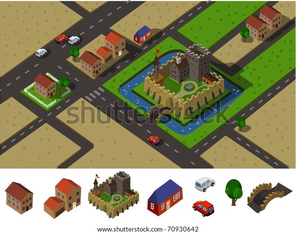 Castle\
countryside. Set of very detailed isometric\
vector