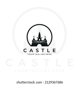 castle crown logo line art vector illustration design minimalist modern. architecture creative outdoor nature monoline outline linear simple building construction kingdom royal empire