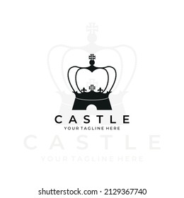 castle crown logo line art vector illustration design minimalist modern. architecture creative outdoor nature monoline outline linear simple building construction kingdom royal empire