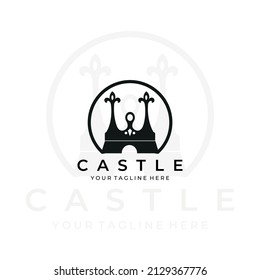 diseño minimalista moderno de la ilustración de la línea del logotipo de la corona del castillo. arquitectura naturaleza exterior creativa monolina contorno construcción simple lineal reino imperio real