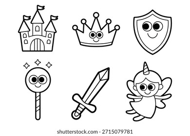 Schloss Kronenschild Zauberstab Schwert Einhorn Fee Vektor