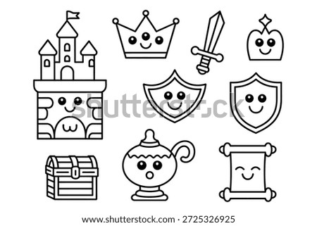 Castle crown sword shield treasure chest lamp scroll