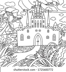 castillo, bosque de doodle alineado lindo, página del libro de colores, fondo blanco y negro