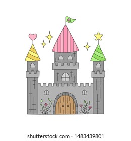 Castle cute vector illustration. Hand drawn isolated outlined tower house, kingdom icon, sticker with wild rose on walls.