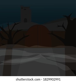 castle in dark blue sky with closed doors surrounded by mist