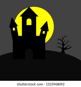 castle in the dark night with full moon. Halloween night background concept vector illustration 