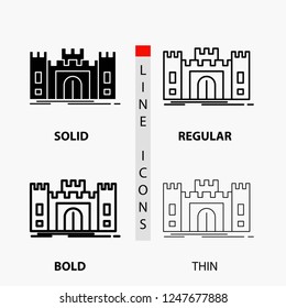 Castle, defense, fort, fortress, landmark Icon in Thin, Regular, Bold Line and Glyph Style. Vector illustration