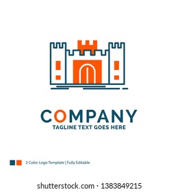 Castle, defense, fort, fortress, landmark Logo Design. Blue and Orange Brand Name Design. Place for Tagline. Business Logo template.