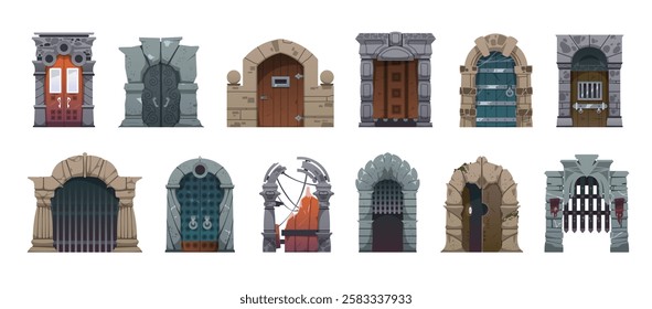 Castle door. Cartoon medieval wooden stone and iron gates for fantasy constructor game, ancient stone brick building castle entrance with lock and handle. Vector set.