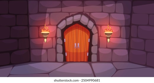 Castle door with torches. Ancient ways of lighting, medieval stone lamps, burning flame illuminates entrance to tower, fairytale dungeon building facade, palace entry, tidy vector concept