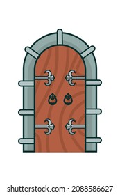 Castle Doors, Cartoon Dungeon Or Palace Fairy Tale Gates, Medieval Fairy Tale Arched Entries. Exterior Design Elements With Wood Planks