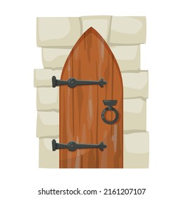 Castle doors cartoon illustration. Heavy old wooden gates to dungeon or portal in stone. Building facade, fantasy concept