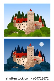 Castle of Dracula. Day and night view. Romania landmarks. Flat cartoon style. Vector illustration.