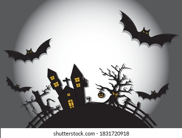 Castle Dracula at Halloween Night, Tree, Pumpkin Ghost, Ghost Owl, Ghost Hands and Ghost Bat under the moon light In the form of paper cut.