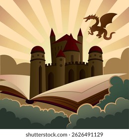Castle and dragon fantasy. Vector illustration