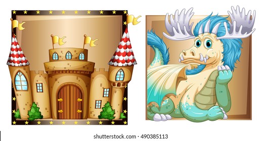 Castle and dragon icons on white