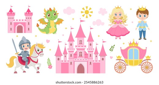 A castle with a dragon and a knight riding a horse. A princess and a prince are standing in front of the castle