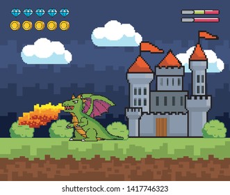 castle with dragon spits fire and life bar