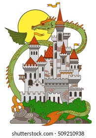 Castle and dragon vector illustration. Fairy drawing for children. Tattoo stencil. Zentangle style.