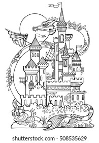 Castle and dragon vector illustration. Fantasy drawing for children. Anti-stress coloring for adult. Tattoo stencil. Zentangle style. Black and white lines. Lace pattern