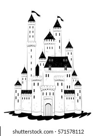 Castle draw. Medieval fortress with walls and towers. Chateau draw. Vector illustration