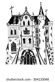 The castle drawn by linear, hand drawn vector illustration