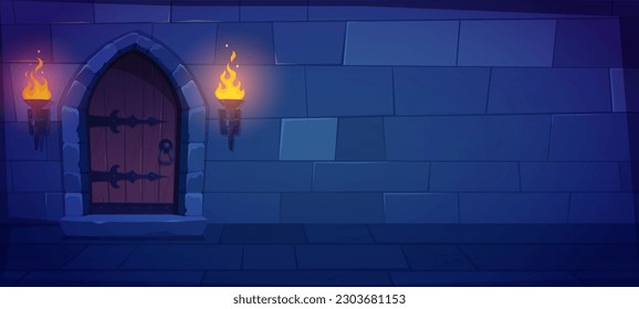 Castle dungeon brick wall cartoon background for game. Dark ancient fantasy palace corridor interior illustration underground scene. Tower indoor doorway to knock with torch fire light scene.