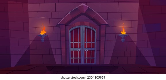Castle dungeon brick wall cartoon background for game. Dark ancient fantasy palace corridor interior illustration underground scene. Tower indoor doorway to knock with torch fire light scene.