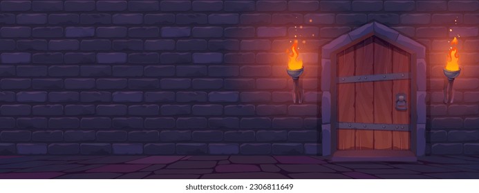 Castle dungeon brick wall cartoon background for game. Dark ancient fantasy palace corridor interior illustration underground scene. Tower indoor doorway to knock with torch fire light scene.