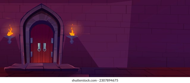 Castle dungeon brick wall cartoon background for game. Dark ancient fantasy palace corridor interior illustration underground scene. Tower indoor doorway to knock with torch fire light scene.