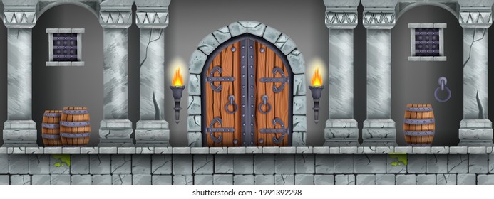 Castle dungeon game background, vector cartoon medieval prison interior, wooden door, pillars, barrel. Basement room illustration, stone columns, grated window, torch. Castle dungeon catacomb concept