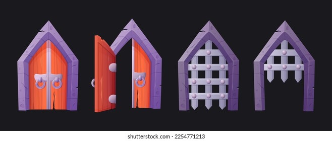 Castle dungeon gate. City doors. Open and closed medieval wooden or iron entrance. Building arch with lattice. Stronghold doorway. Game elements set. Vector cartoon recent illustration