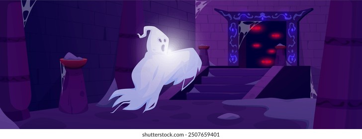 Castle dungeon hall with scary ghost. Medieval prison corridor, dark gate, stone wall, spider webs. Spooky haunted ancient jail palace basement with monster. Vector cartoon illustration