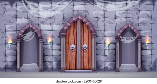 Castle dungeon interior game background, stone arch wall, vector medieval wooden door, entrance gate. Ancient scary Halloween underground prison, spiderweb column torch. Castle interior cartoon design