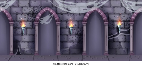 Castle dungeon interior seamless background, vector game medieval night corridor, stone arch wall. Ancient scary Halloween underground prison, torch, spiderweb, column. Castle interior cartoon design