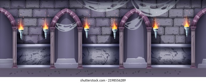 Castle dungeon interior seamless background, stone arch wall, vector game medieval night corridor. Ancient scary Halloween underground prison, spiderweb, column, torch. Castle interior cartoon design