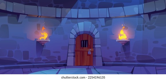 Castle dungeon with old wooden door. Vector cartoon illustration of medieval building stone wall, locked prison entrance illuminated with torch fire at night. Fortress tower facade for game background svg