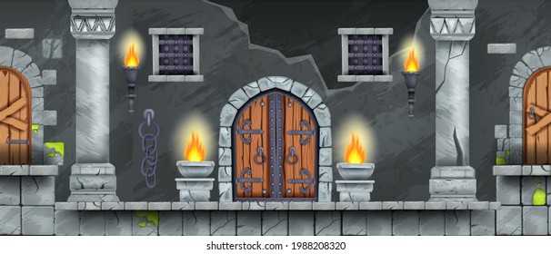 Castle dungeon seamless game background, cartoon medieval prison illustration, stone pillar, wooden gate. Dark old basement, ancient jail interior, fire, torches, chain, grates. Castle dungeon concept