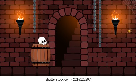 Castle dungeon with torches. The room of the old castle with an arch and stairs to the top. Vector cartoon illustration.