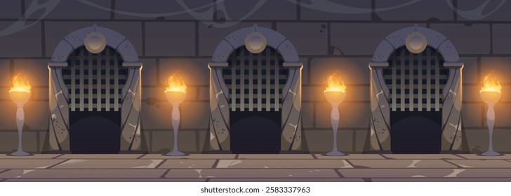 Castle dungeon wall. Cartoon medieval background with brick stone wall, arch doorway and burning torches, ancient palace archway interior background. Vector illustration.