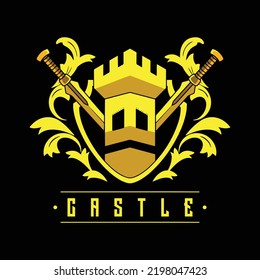 Emblema del castillo, insignia, etiqueta, logotipo o impresión de camisetas en un estilo monocromo vintage.