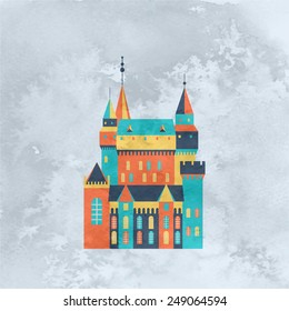 Castle fairy tale icon. Flat vector pattern silhouette isolated. Textured vintage old style card