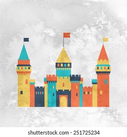 Castle fairy tale icon. Flat vector pattern silhouette isolated. Textured vintage old style card