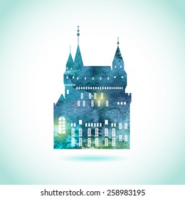 Castle fairy tale icon. Flat vector pattern silhouette isolated. Textured vintage old style card with lights and volume shadows.