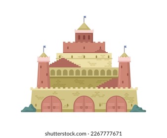 Castle from fairy tale, isolated historical architecture. Building with towers and fortifications, old sights for tourists in city. Vector in flat style